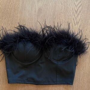 Black Feather Trim Bustier Top